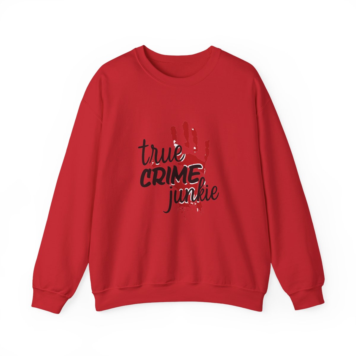 White Sweatshirts with the text "true CRIME junkie" in black and red. A red handprint and blood splatter graphic are also featured on the shirt. The shirt has a crew neck and short sleeves - Official Sweatshirts merchandise