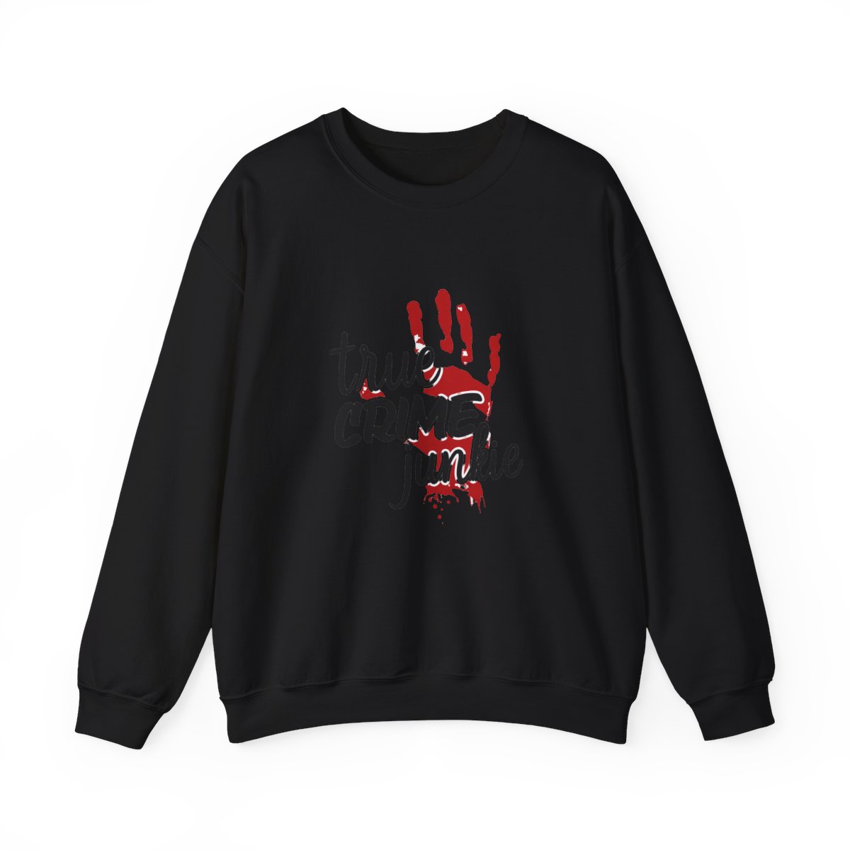 White Sweatshirts with the text "true CRIME junkie" in black and red. A red handprint and blood splatter graphic are also featured on the shirt. The shirt has a crew neck and short sleeves - alternate angle 5, merchandise