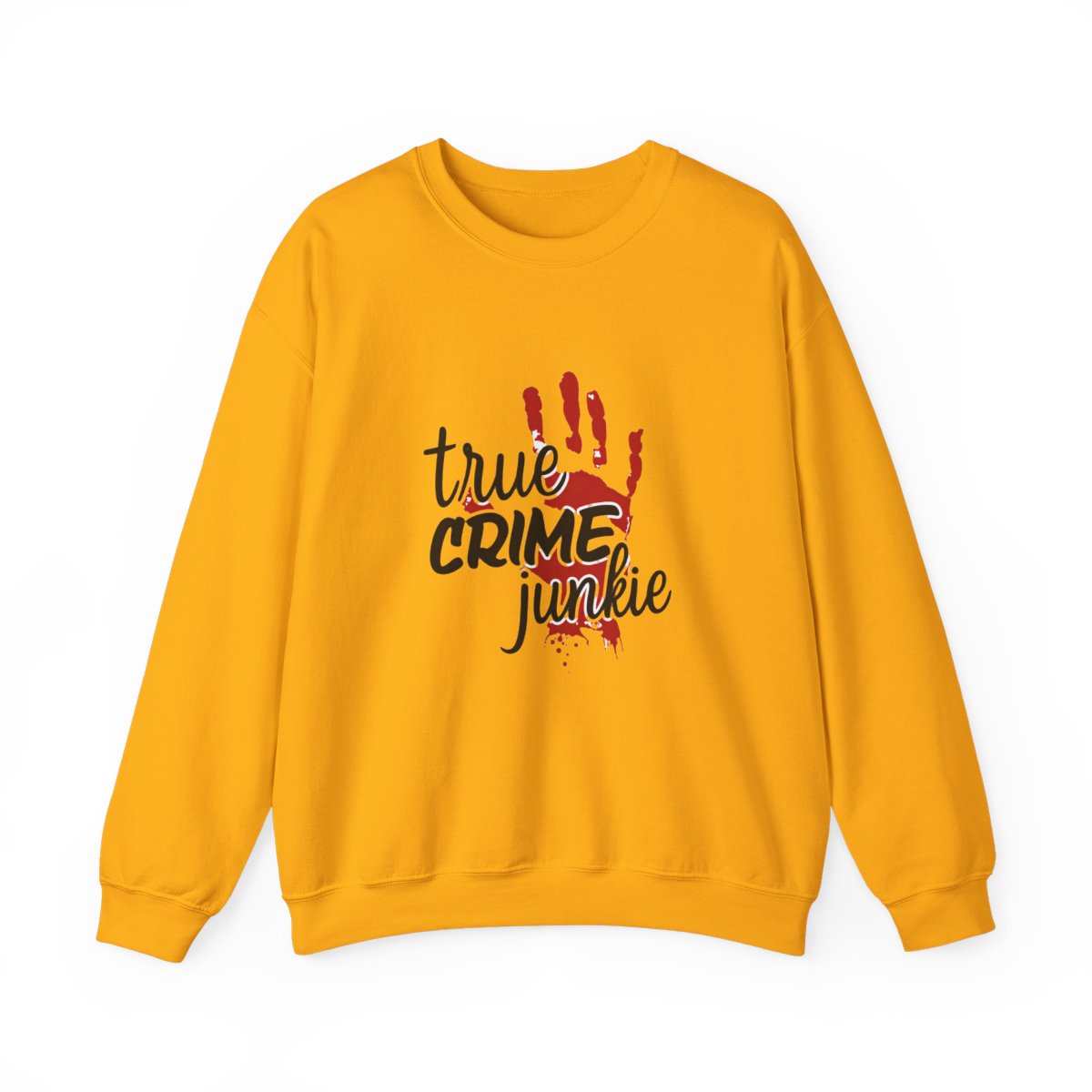 White Sweatshirts with the text "true CRIME junkie" in black and red. A red handprint and blood splatter graphic are also featured on the shirt. The shirt has a crew neck and short sleeves - alternate angle 4, merchandise