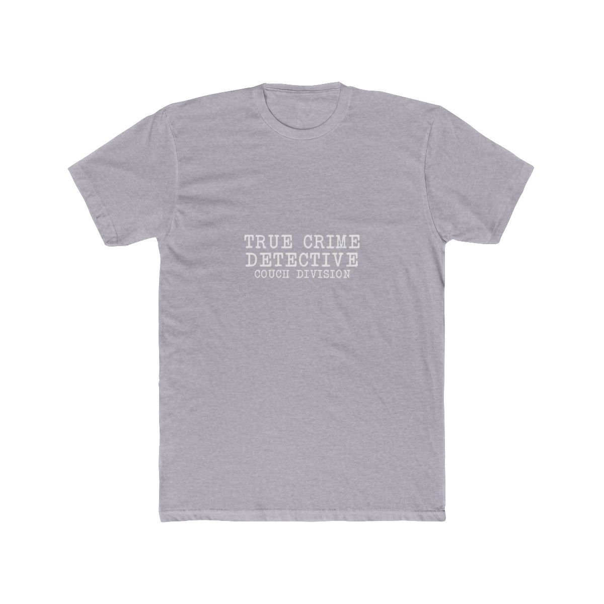 A grey T Shirt with the white text "TRUE CRIME DETECTIVE COUCH DIVISION". A gold-coloured necklace with a pendant lies on the shirt. A brown hat is partially visible in the upper left corner - alternate angle 4, merchandise