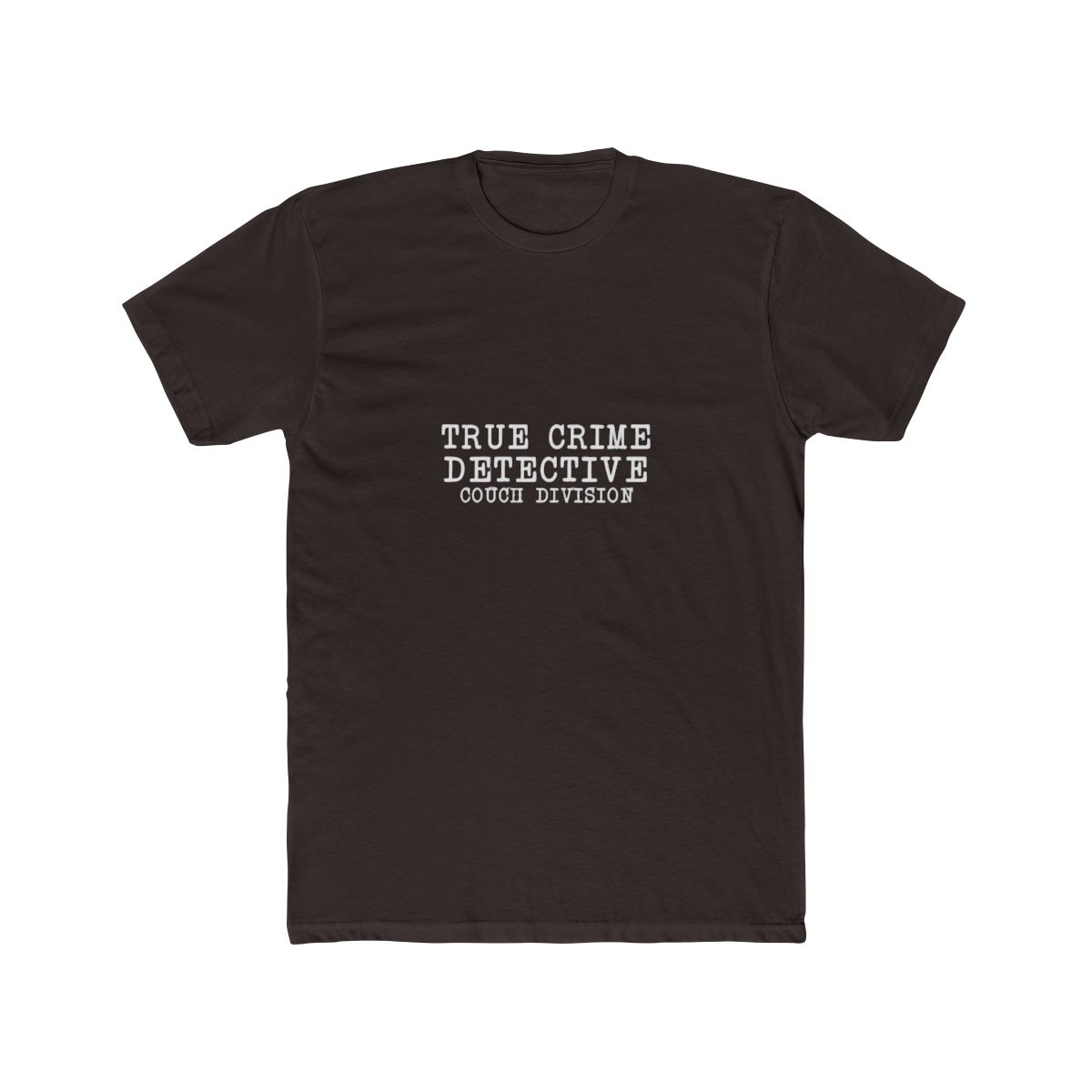A grey T Shirt with the white text "TRUE CRIME DETECTIVE COUCH DIVISION". A gold-coloured necklace with a pendant lies on the shirt. A brown hat is partially visible in the upper left corner - alternate angle 2, merchandise