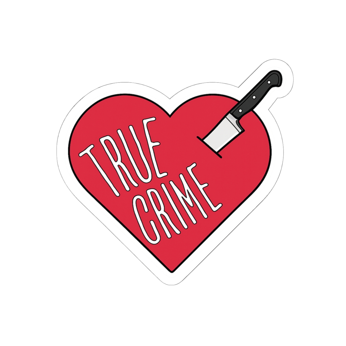 True Crime Heart Kiss-Cut Sticker | Red heart with knife illustration | Crime Junkies Podcast Merch - alternate angle 1, merchandise